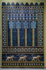 The reassembled Throne Room facade from Nebuchadnezzar II's Babylon dating to around 600BC, as reconstructed in Berlin's Pergamon Museum, complete with Babylonian Lions.  Nebuchadnezzar II (630-562 BC) is best known for his construction of the ziggurat of